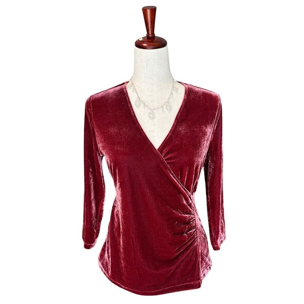 NWT Soft Surroundings Soft Velvet Alyssa Ruched Lined Top Red-Cabernet Small